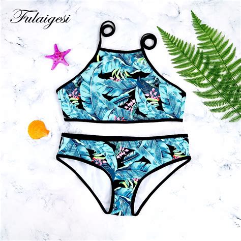Fulaigesi Swimsuit Women Print Flower Bikini Low Waist Halter Swimwear Bathing Suit Beachwear