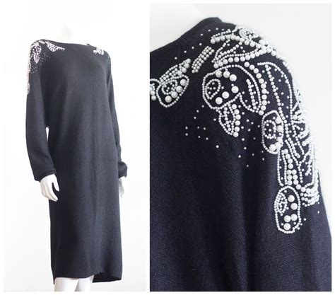 S Silk And Angora Sweater Dress With Shoulder Pads And Pearl