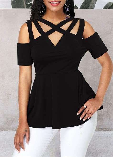 Rotita Peplum Waist Cold Shoulder Black Blouse Rotita Usd