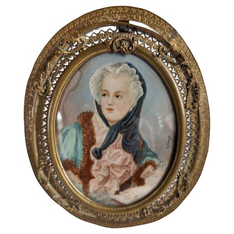 Antique Hand Painted Miniature Portrait On Porcelain In A Brass Easel