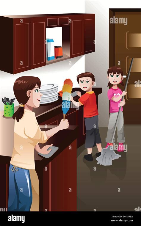 vector illustration  happy kids helping  mother cleaning house