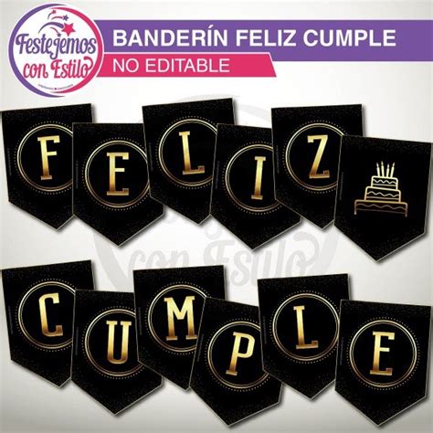 Bander N Imprimible Feliz Cumple Negro Y Dorado Festejemos Con Estilo