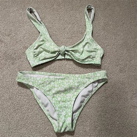 Green White Floral Bikini Worn Once Like Depop