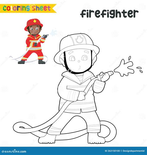 Coloring Worksheet a Firefighter Boy Tries To Extinguish the Fire Stock
