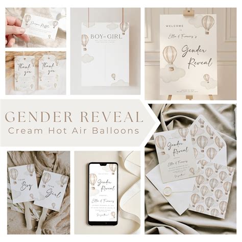 Editable Gender Reveal Cream Hot Air Balloons Template Bundle Boho Printable Gender Neutral