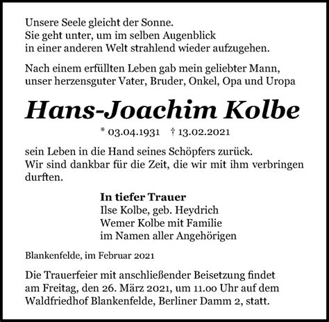 Traueranzeigen Von Hans Joachim Kolbe Trauer Anzeigen De