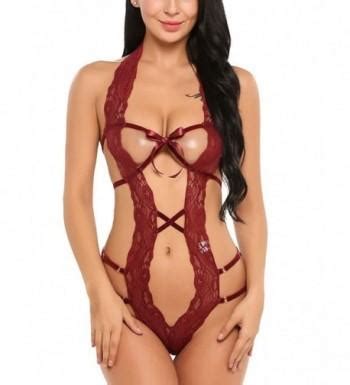 Women Deep V Halter Lingerie Teddy One Piece Bodysuit Lace Babydoll Dark Red Cf Wl A