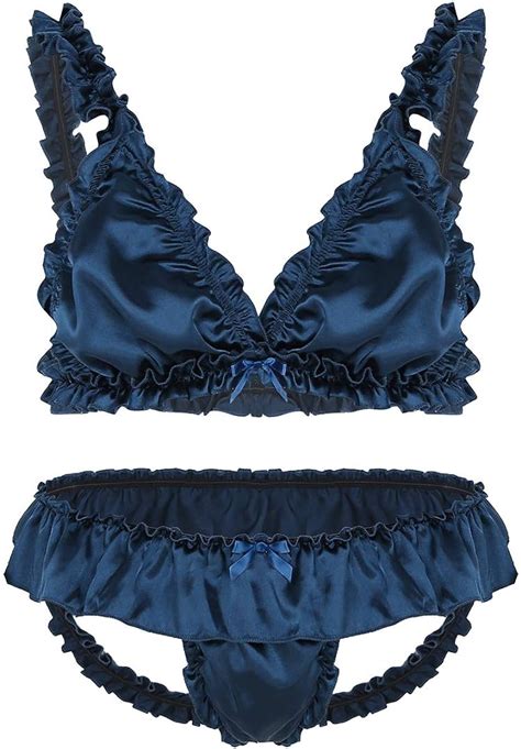 Amazon Acsuss Men S Satin Nightwear Frilly Ruffled Bra Top Sissy Thong Pair Of Lingerie Set