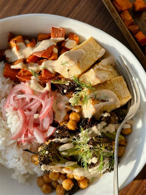 Roasted Sweet Potato Chickpea Buddha Bowl With Tahini Dill Dressing