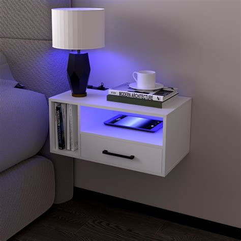 Homaterial Floating Nightstand With Charging Station And Led Lights