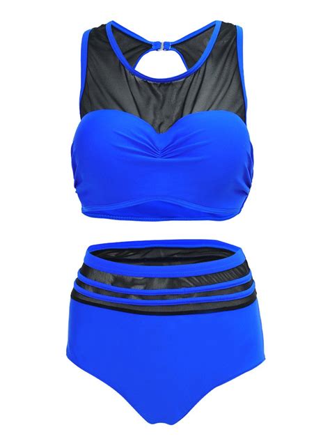 OFF High Waist Plus Size Mesh Insert Underwire Bikini In BLUE DressLily