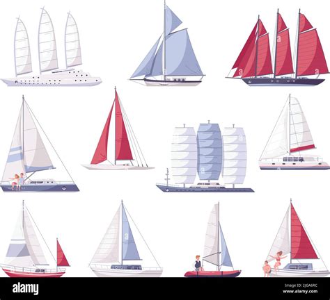 Set Of Yachting Cartoon Icons With Isolated Images Of Yachts Of Various