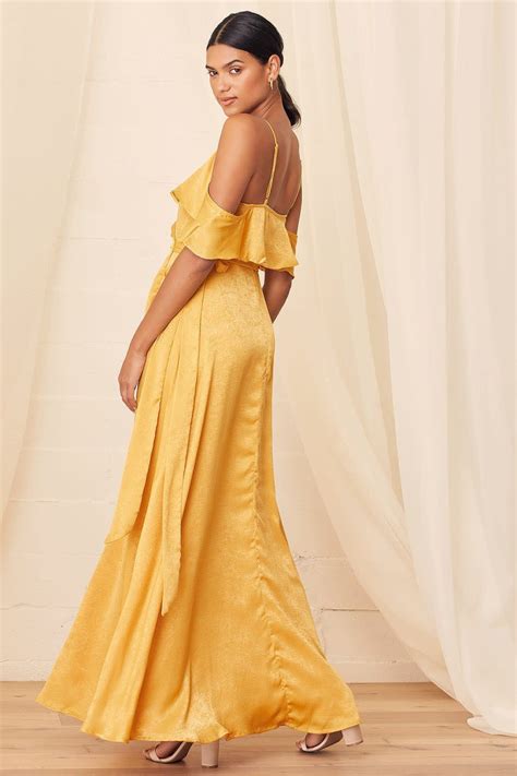 Dresses Lulus Moriah Satin Wrap Maxi Dress Mustard Yellow Brankylie