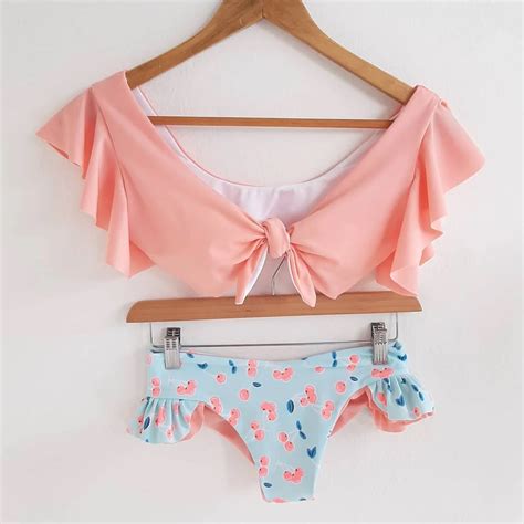 Sexy Women Bikini Set Printed Middle Waist Swimwear Swimsuit Floral Bathing Suit Bow