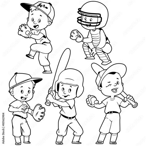 Cartoon kids playing baseball. Outline Stock Vector | Adobe Stock