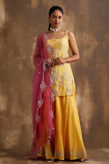 Buy Yellow Silk Chanderi Embroidered Gota Square Floral Kurta Sharara