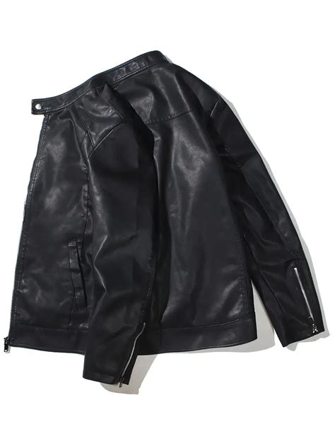 Chic Pu Biker Jacket Mens Casual Solid Color Zip Stand Temu Canada