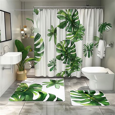 Tropical Rainforest Bathroom Set With White Green Leaves Pattern