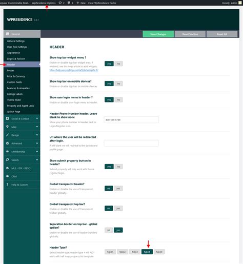 setup header type  vertical header wp residence