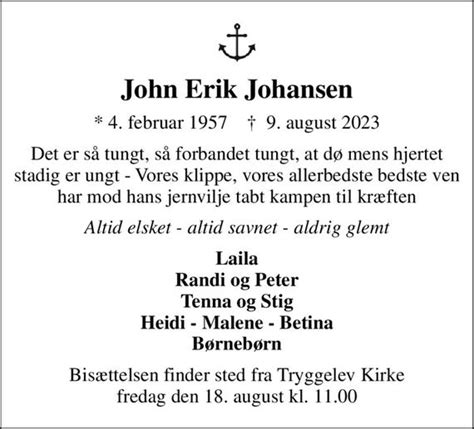 John Erik Johansen Dødsannoncer i Danmark