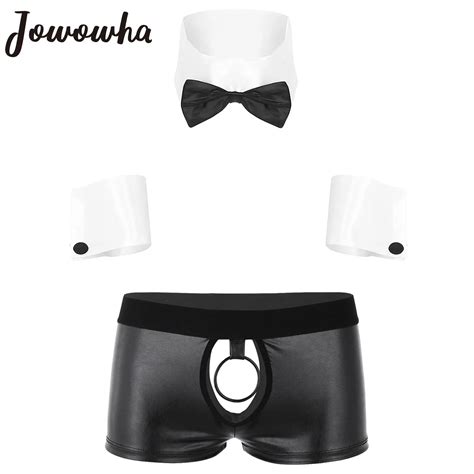 Cosplay Men Sexy Lingerie Set Waiter Stage Dancer Costumes Sexy Leather Crotchless Underwear