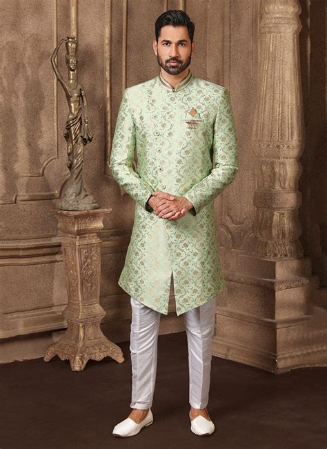 Shop Pista Green Jacquard Silk Brocade Indowestern Sherwani Party Wear