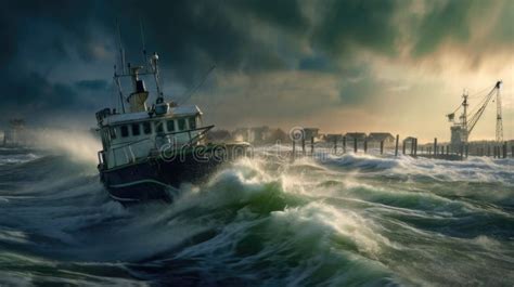 Fishing Boat in Storm and Rain Stock Illustration - Illustration of ...