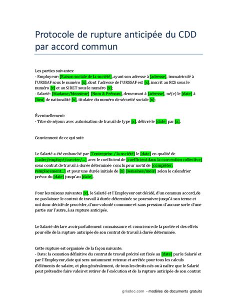 Protocole De Rupture Anticip E Du Cdd Doc Pdf Page Sur