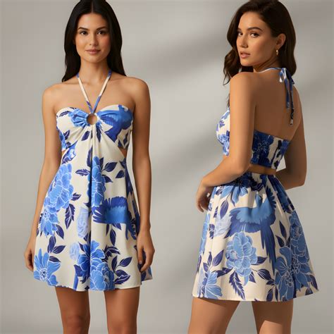 Vestido Azul Com Branco - Vestido Feminino Curto Floral Azul e Branco com Amarração no Pescoço ...