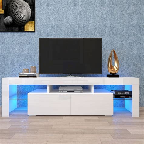 White Tv Stand With 20 Colors Led Remote Control Lights 65 Inch 70