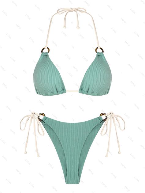 Zaful Ribbed O Ring Contrast Strap String Bikini Swimwear In Light