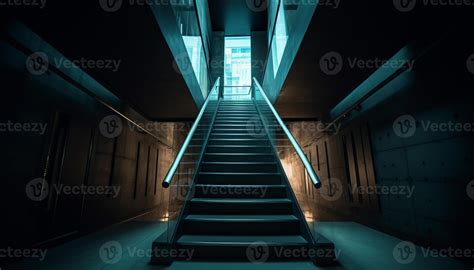 Futuristic subway station empty corridor, illuminated stairs, vanishing