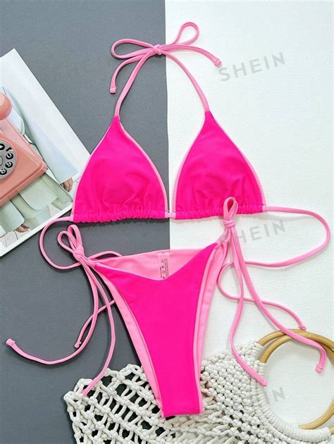 SHEIN Swim SXY Conjunto de Maiô Bikini de Duas Faces para Praia de Verão Sutiã Triângulo Halter