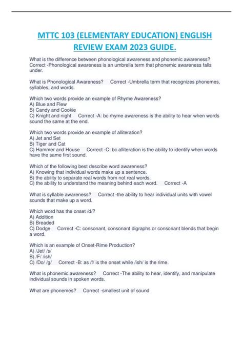MTTC 103 (ELEMENTARY EDUCATION) ENGLISH REVIEW EXAM 2023 GUIDE. - MTTC