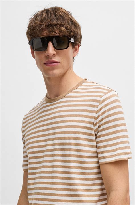 Boss Horizontal Stripe T Shirt In Cotton And Linen