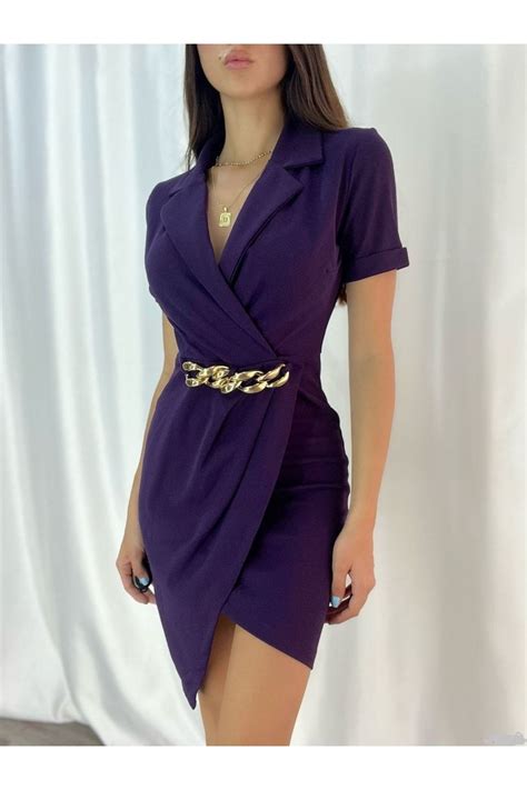 Secret Passion Lingerie Q Esnek Mor Krep Kumaş Ceket Yaka Kısa Kollu Asimetrik Mini Abiye Ve