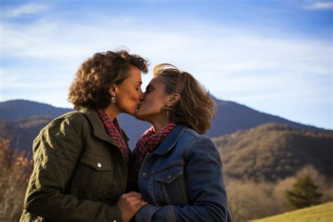 Premium AI Image Mature Gay Lesbian Couple Kissing Outdoors Embracing The Moment In Mountain Trip