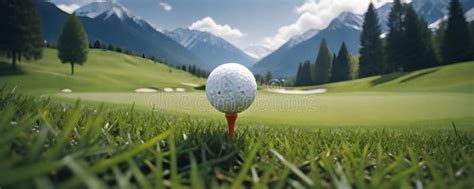 A White Golf Ball On A Tee In A Lush Green Golf Course With Snow