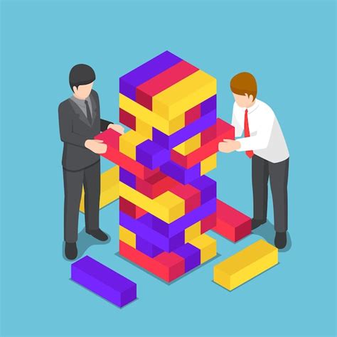 Premium Vector Flat 3d Isometric Business People Playing Wood Tower