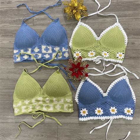 Áo bikini lẻ Áo bra len móc bikini đi biển màu sắc nổi bật thêu hoa Shopee Việt Nam