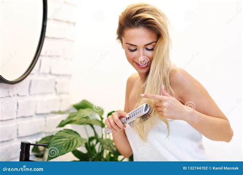 Beautiful Blonde Caucasian Woman Posing In Bathroom With Wet Hair Stock Photo Image Of House
