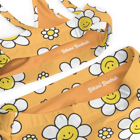 Smiling Flowers Bikini Set Groovy S Retro Hippie Crop Top Bikini Vintage High Waisted Swim