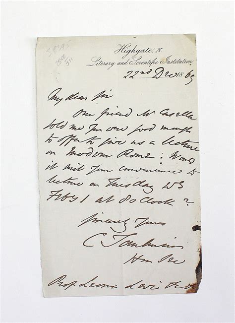 An Original Handwritten Letter Signed By Scientist Charles Tomlinson To