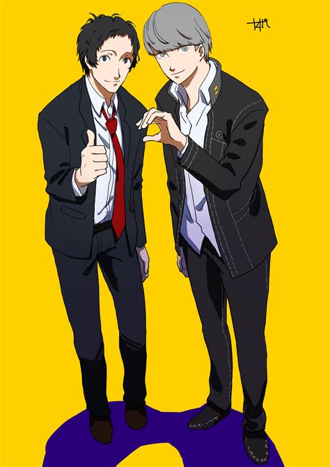 Safebooru 2boys Adachi Tooru Black Hair Brown Eyes Brown Hair Formal Grey Eyes Grey Hair Heart