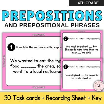 Prepositions And Prepositional Phrases Task Cards For Th Grade Tpt