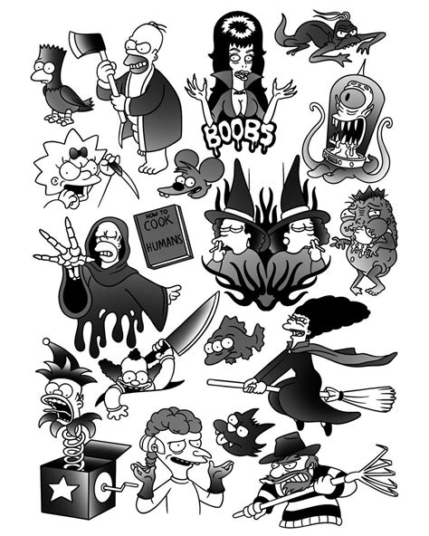 Various Cartoon Characters Are Shown In Black And White