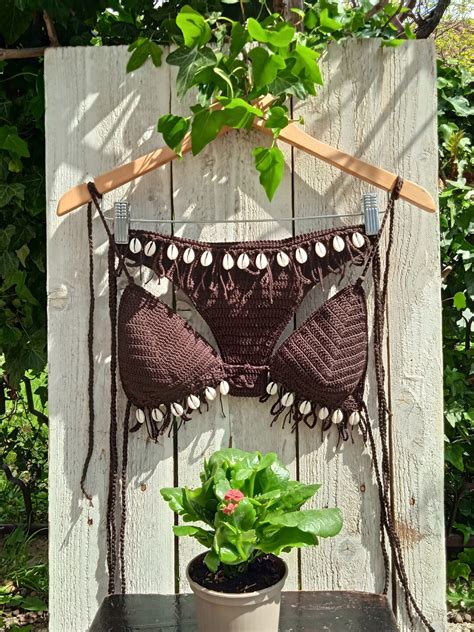 Crochet Bikini Set High Hip In MAROON Brown With Natural Seashells Can Be Made In Any Color Etsy