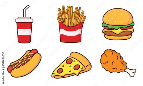 fast food cartoon icon vector collection pizza burger chicken leg