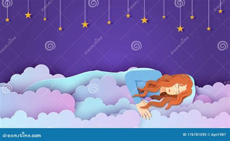 Sleeping Girl In Clouds In Paper Cut Style Young Woman Sleep And