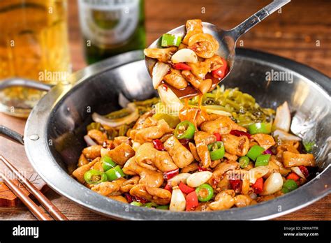 Delicious Chinese Food Stir Fried Pork Intestines In Dry Pot Stock